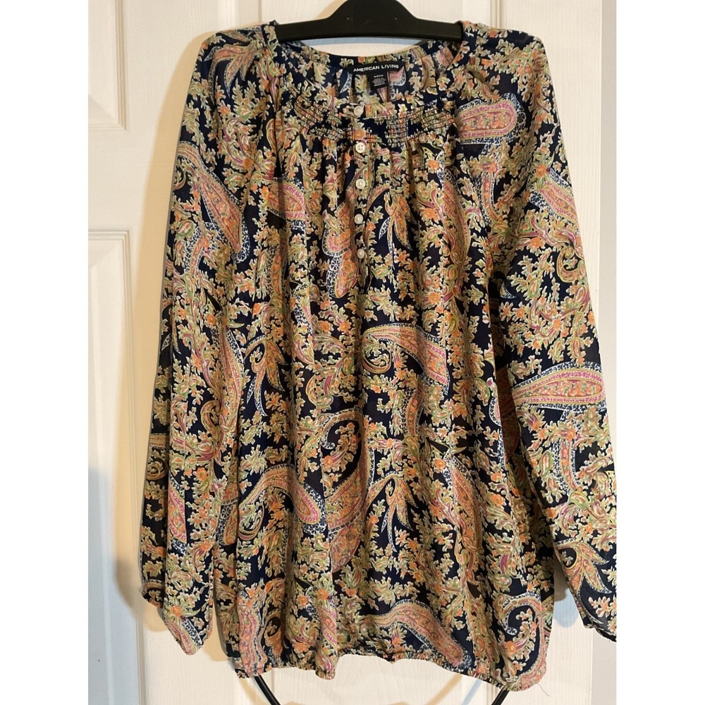 American Living Womens Paisley Blouse Navy Blue Smocked Neck Long Sleeve Top S